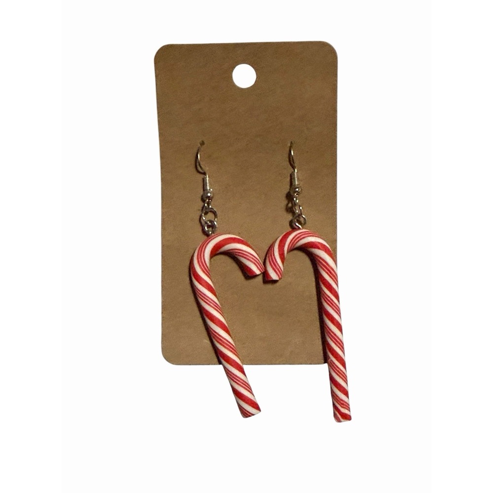 Red White Candy Cane Christmas Holiday Drop Dangle Earrings Silver Tone Hooks